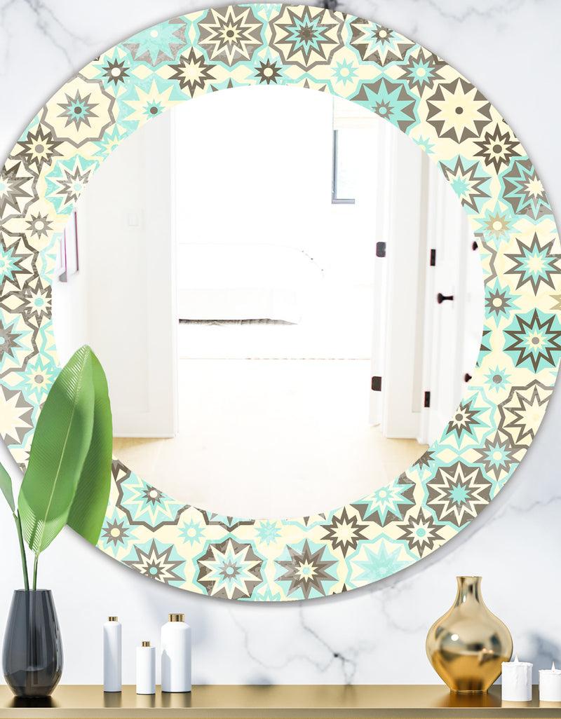 designq Vintage Snowflakes In Turquoise and Yellow - Bohemian and Eclectic Mirror - Frameless Oval or Round Wall Mirror