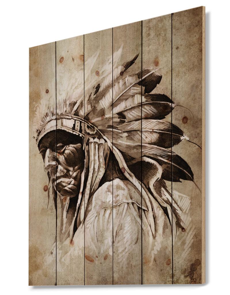 Designq Vintage Style Indian Head Tattoo - Abstract Print On Natural Pine Wood