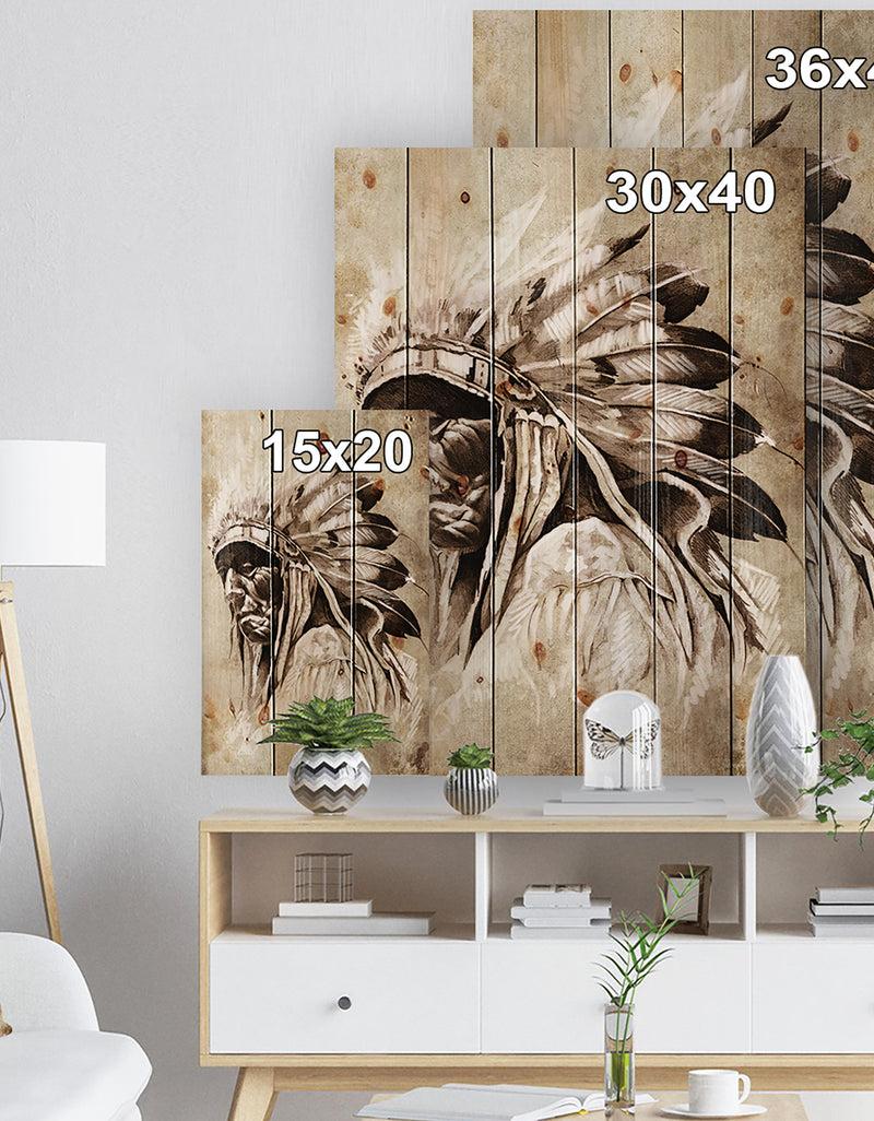 Designq Vintage Style Indian Head Tattoo - Abstract Print On Natural Pine Wood