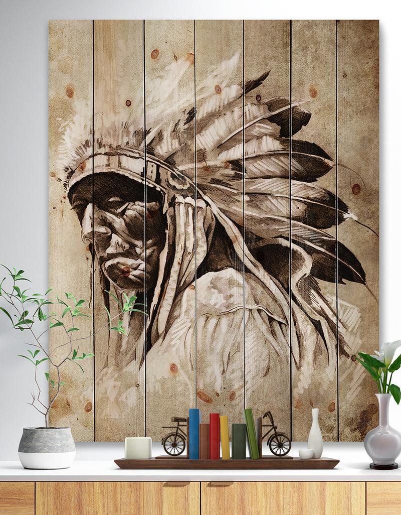 designq Vintage Style Indian Head Tattoo - Abstract Print on Natural Pine Wood