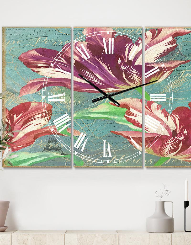 designq Vintage Tulips in Paris - Oversized Cottage Wall Clock - 3 Panels