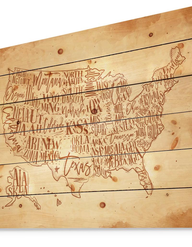 Designq Vintage United States Chalk Yellow Map - Maps Painting Print On Natural Pine Wood