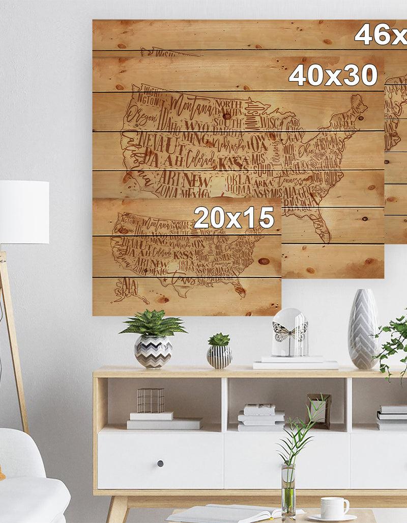 Designq Vintage United States Chalk Yellow Map - Maps Painting Print On Natural Pine Wood