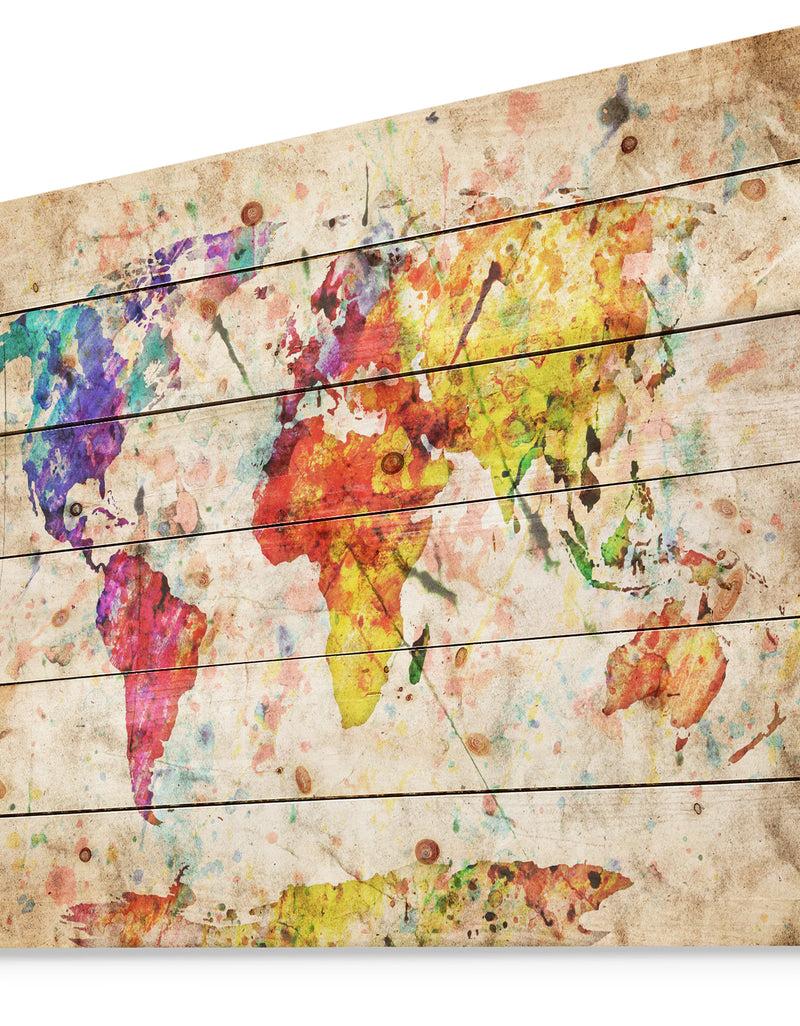 Designq Vintage World Map Watercolor - Map Print On Natural Pine Wood