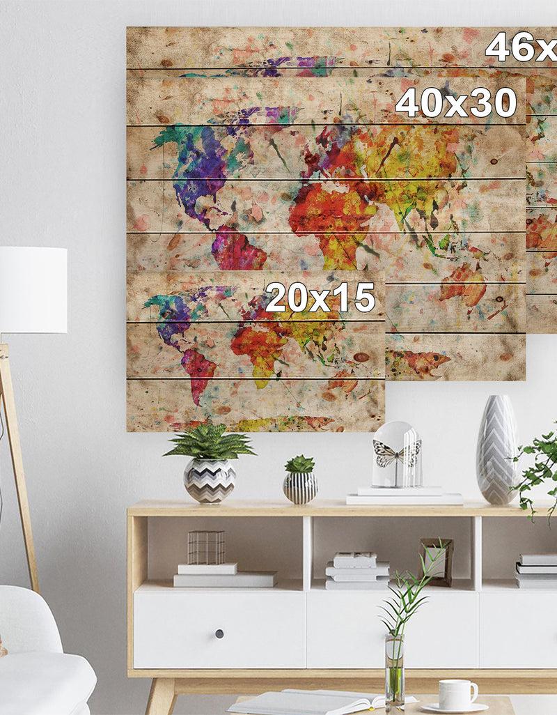 Designq Vintage World Map Watercolor - Map Print On Natural Pine Wood
