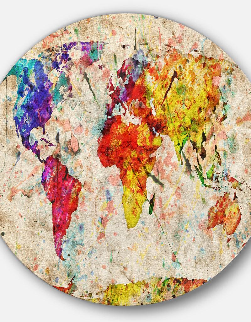 Designq Vintage World Map Watercolor - Maps Painting Circle Metal Wall Art