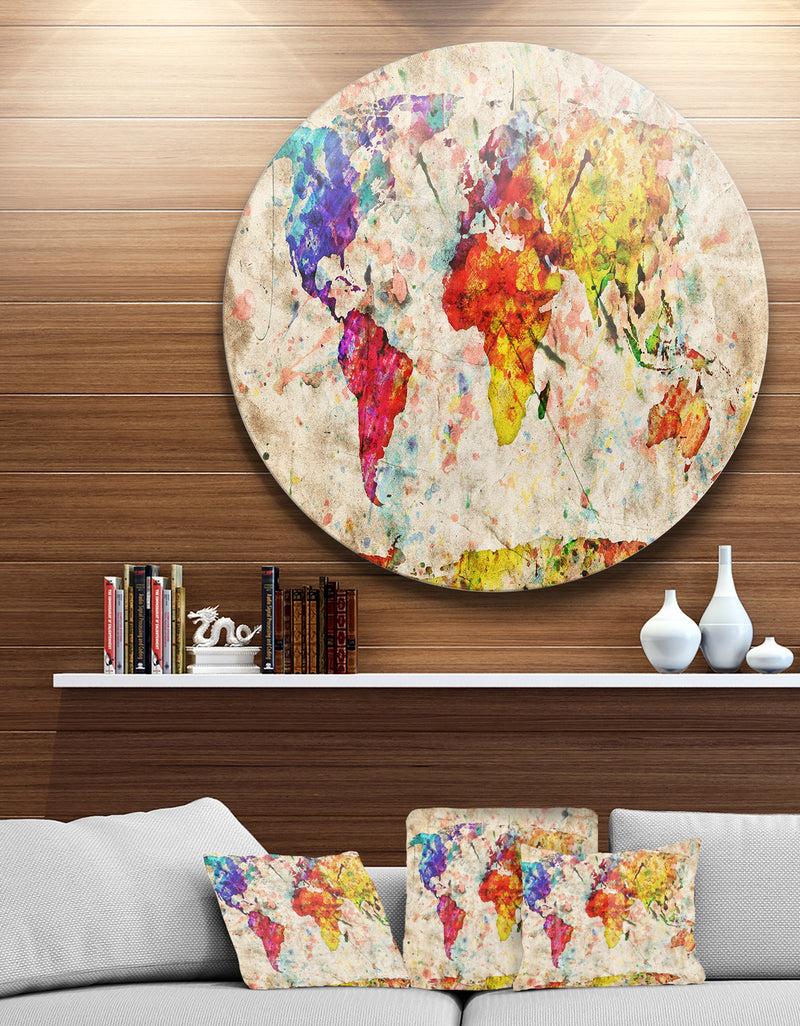 designq Vintage World Map Watercolor - Maps Painting Circle Metal Wall Art