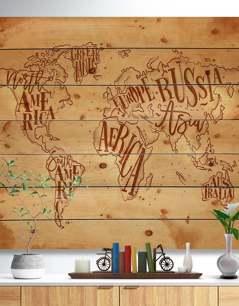designq Vintage Worldmap in Chalk Background - Maps Painting Print on Natural Pine Wood