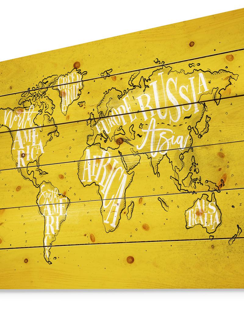 Designq Vintage Yellow Worldmap - Maps Painting Print On Natural Pine Wood
