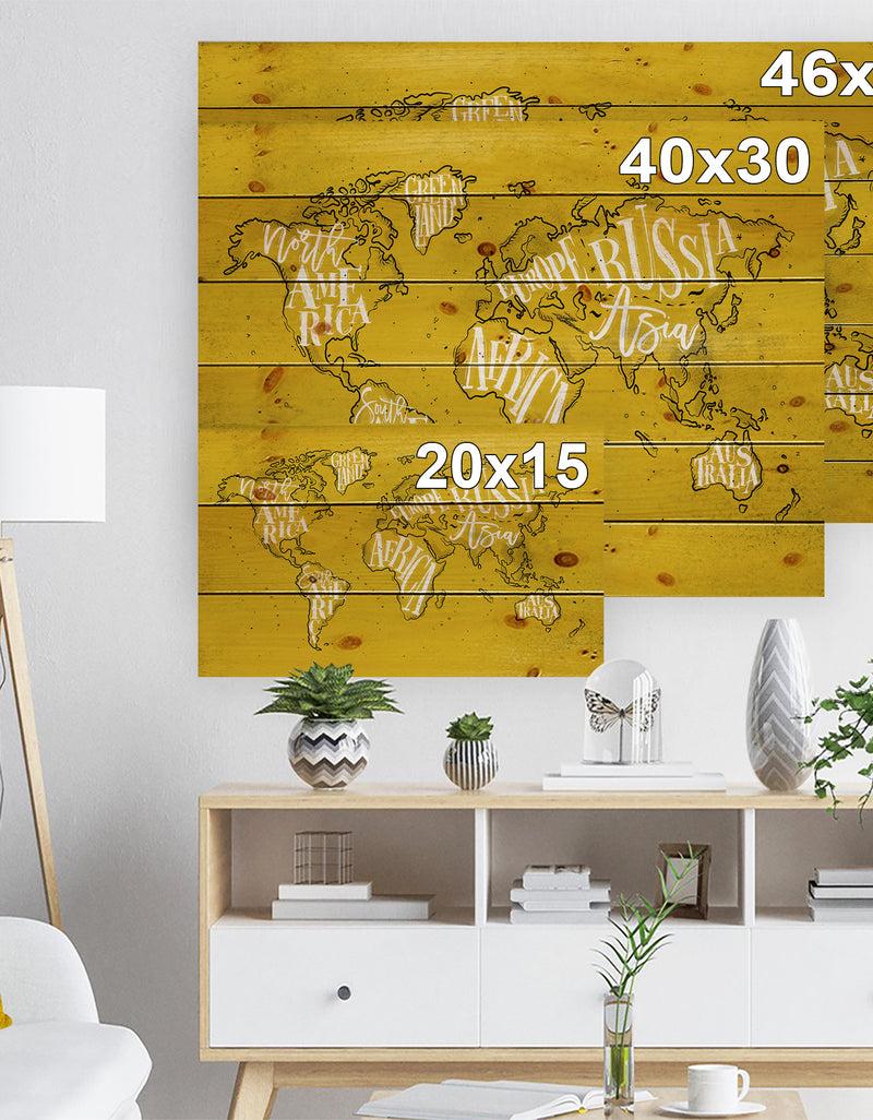 Designq Vintage Yellow Worldmap - Maps Painting Print On Natural Pine Wood