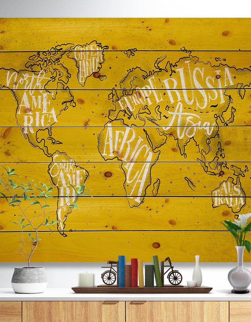 designq Vintage Yellow Worldmap - Maps Painting Print on Natural Pine Wood