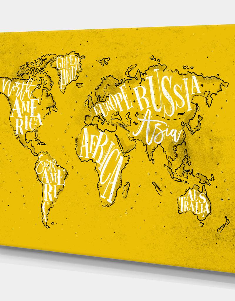 Designq Vintage Yellow Worldmap - Maps Painting Print On Wrapped Canvas