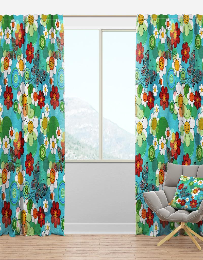 designq Vivid Blue Floral Pattern - Bohemian & Eclectic Curtain Panels