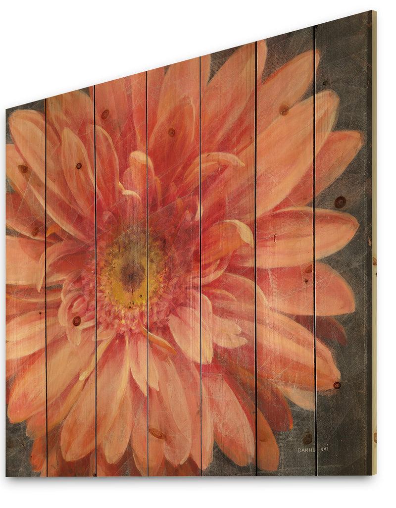 Designq Vivid Orange Daisy II - Shabby Chic Print On Natural Pine Wood