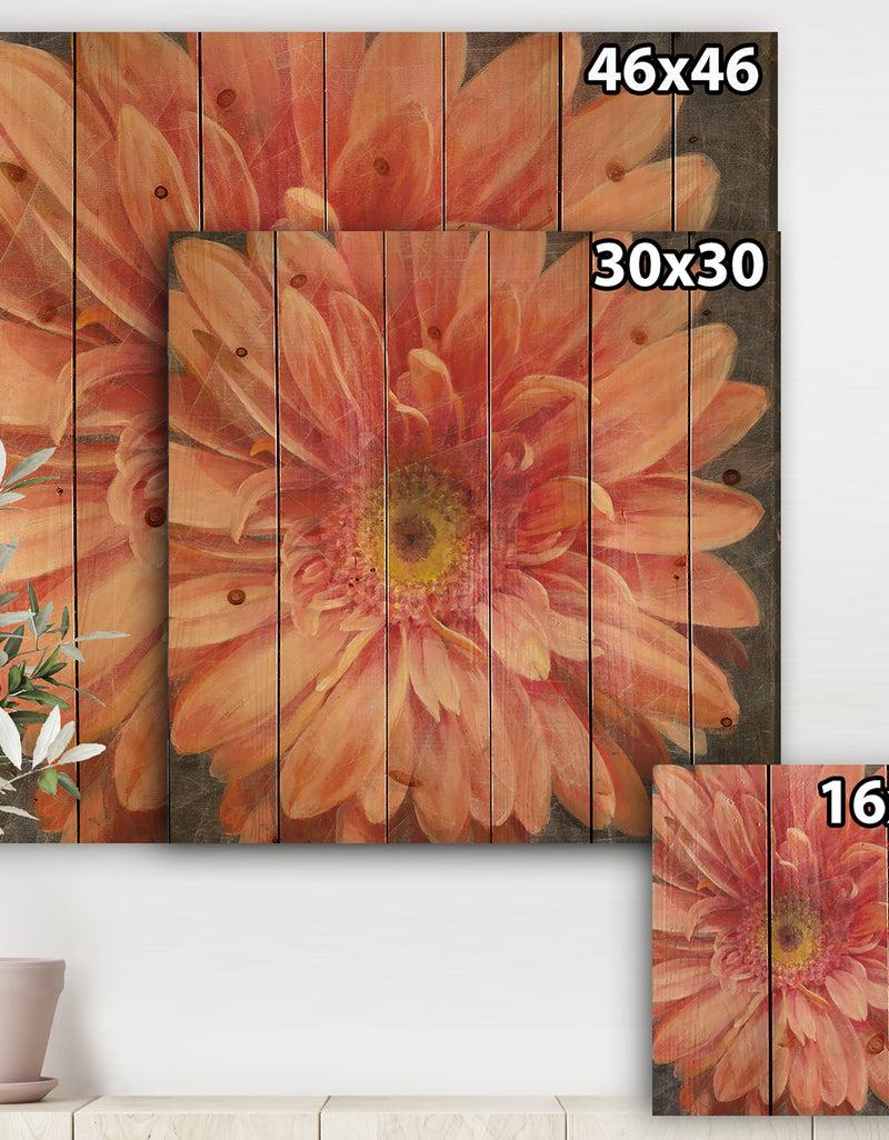 Designq Vivid Orange Daisy II - Shabby Chic Print On Natural Pine Wood