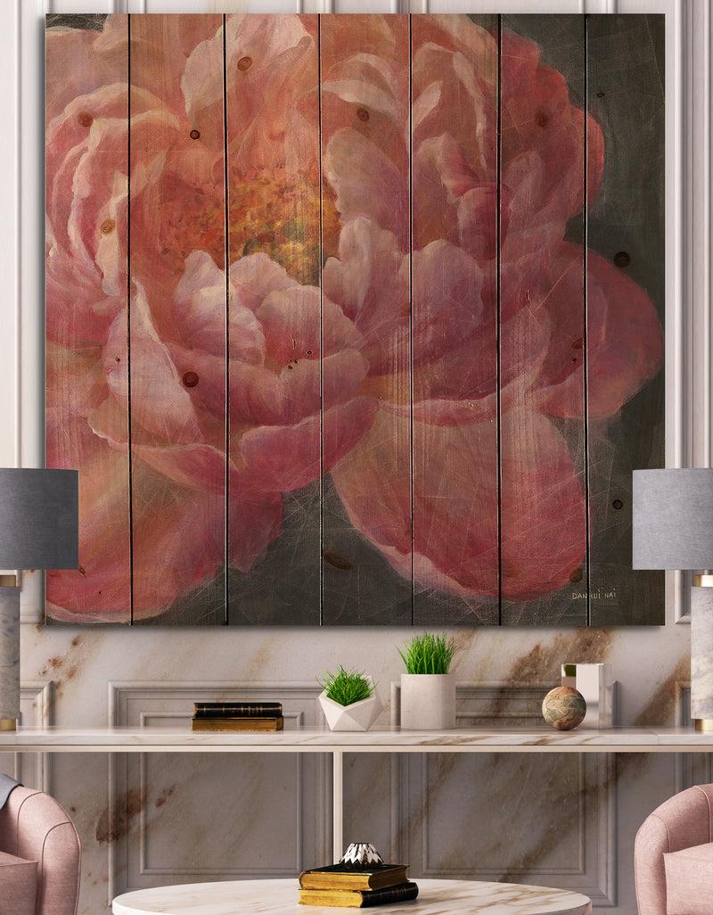 designq Vivid Pink Peonies I - Shabby Chic Print on Natural Pine Wood