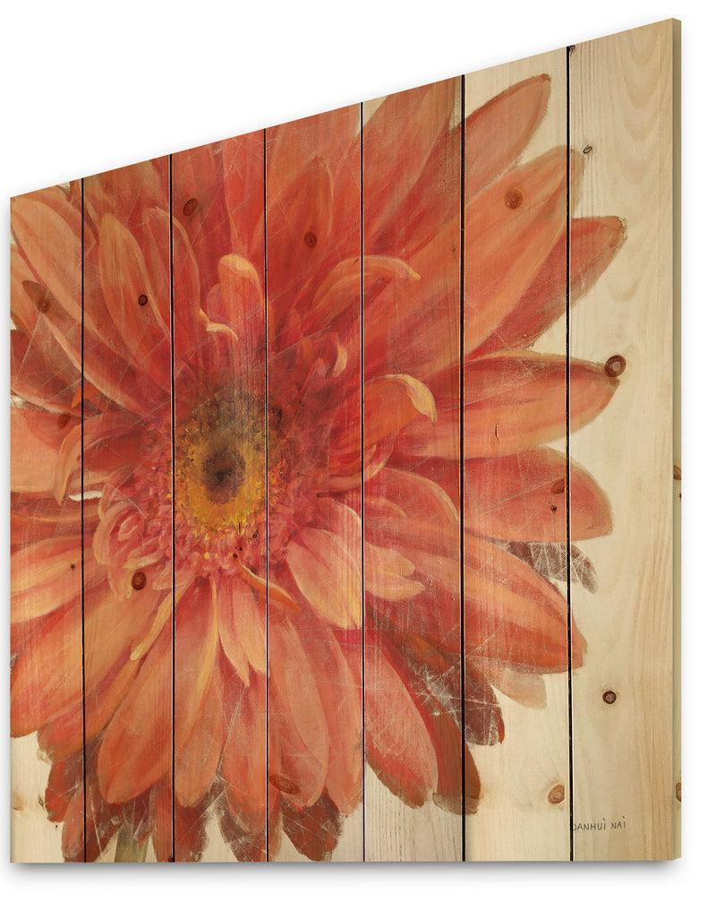 Designq Vivid Red Daisy - Floral & Botanical Print On Natural Pine Wood
