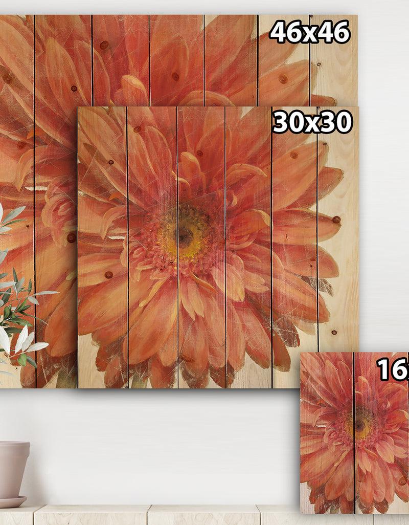 Designq Vivid Red Daisy - Floral & Botanical Print On Natural Pine Wood
