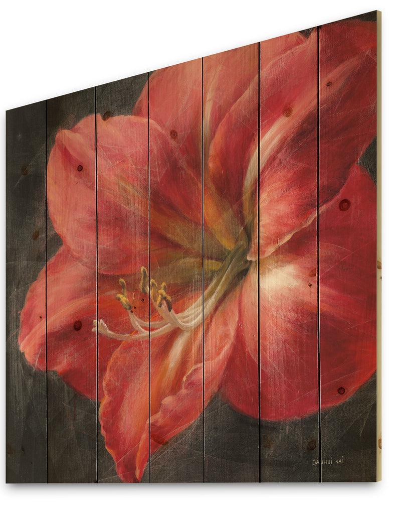 Designq Vivid Red Lily III - Shabby Chic Print On Natural Pine Wood