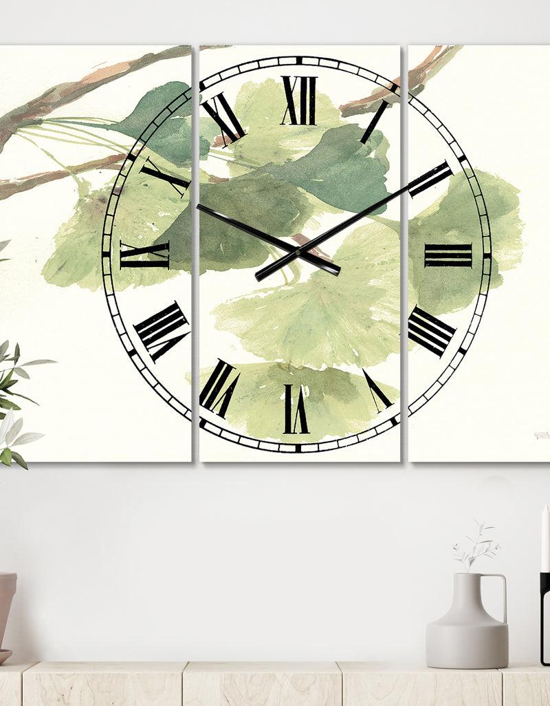 designq Watercolor Gingko Leaves I - Cottage 3 Panels Large Wall CLock