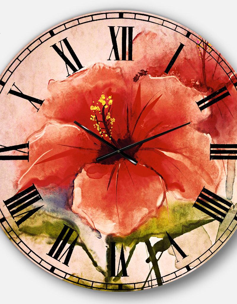 Designq Watercolor Painting Red Hibiscus Flower - Floral Large Wall CLock