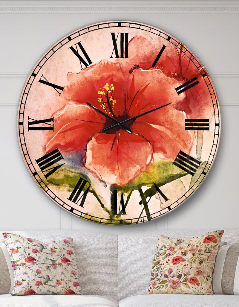 designq Watercolor Painting Red Hibiscus Flower - Floral Large Wall CLock