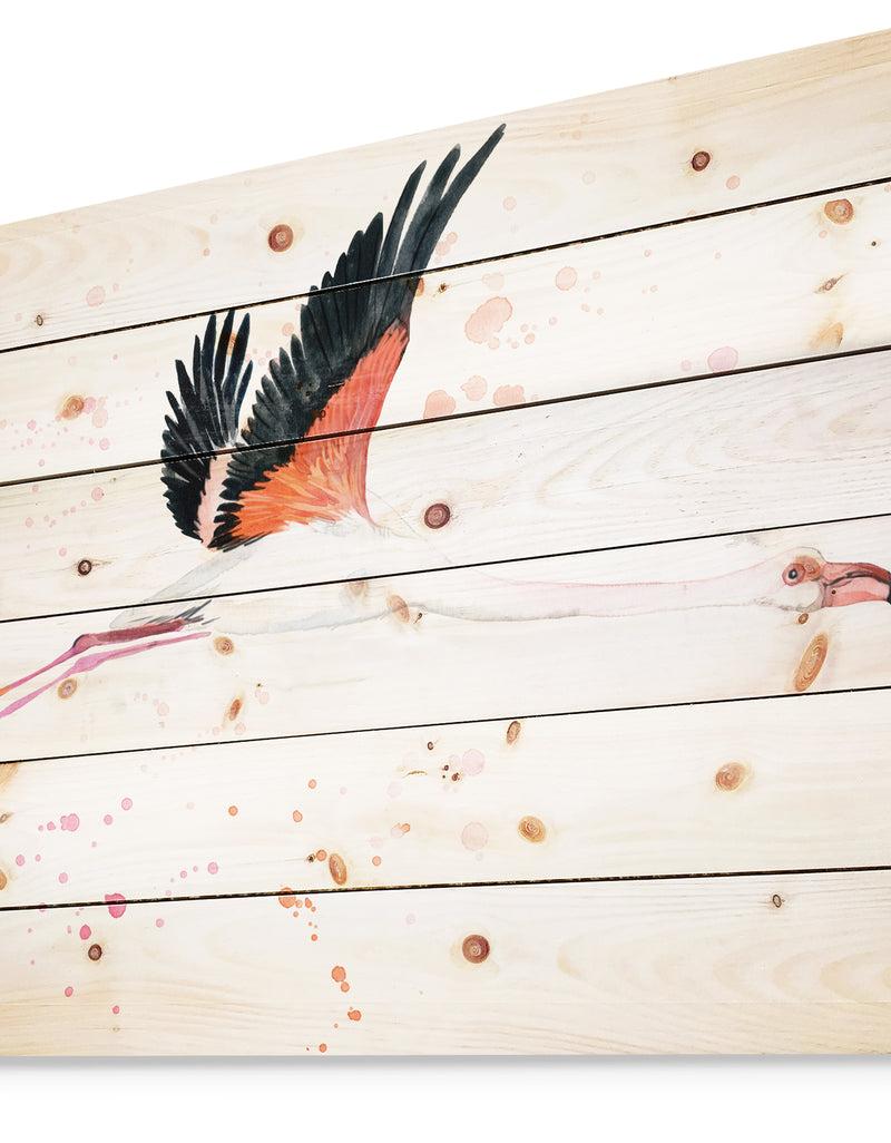 Designq Watercolor Pink Flamingo - Animals Painting Print On Natural Pine Wood
