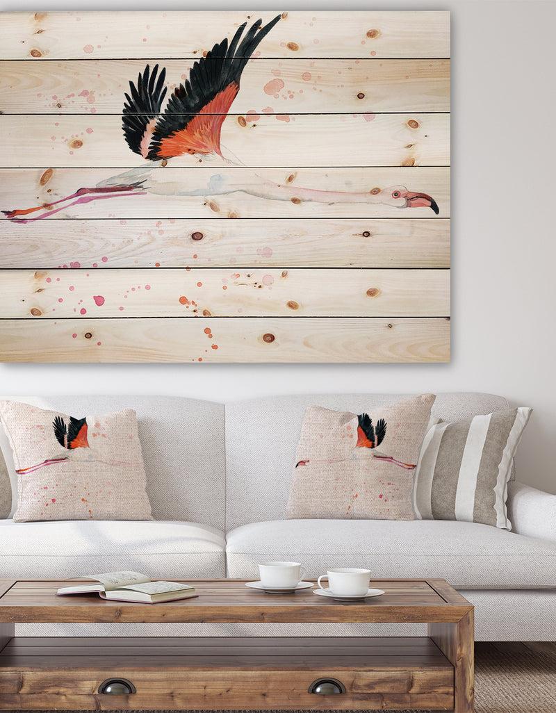 designq Watercolor pink flamingo - Animals Painting Print on Natural Pine Wood