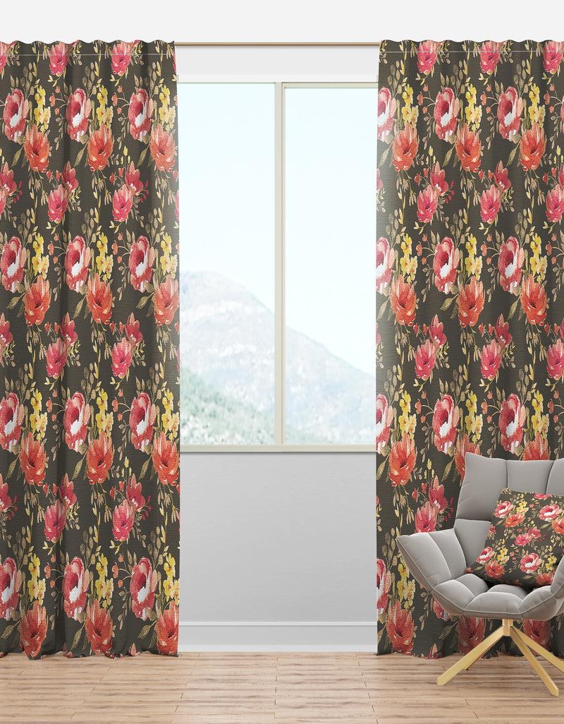 designq Watercolor Pink Yellow and Red Flowers - Floral Curtain Panels