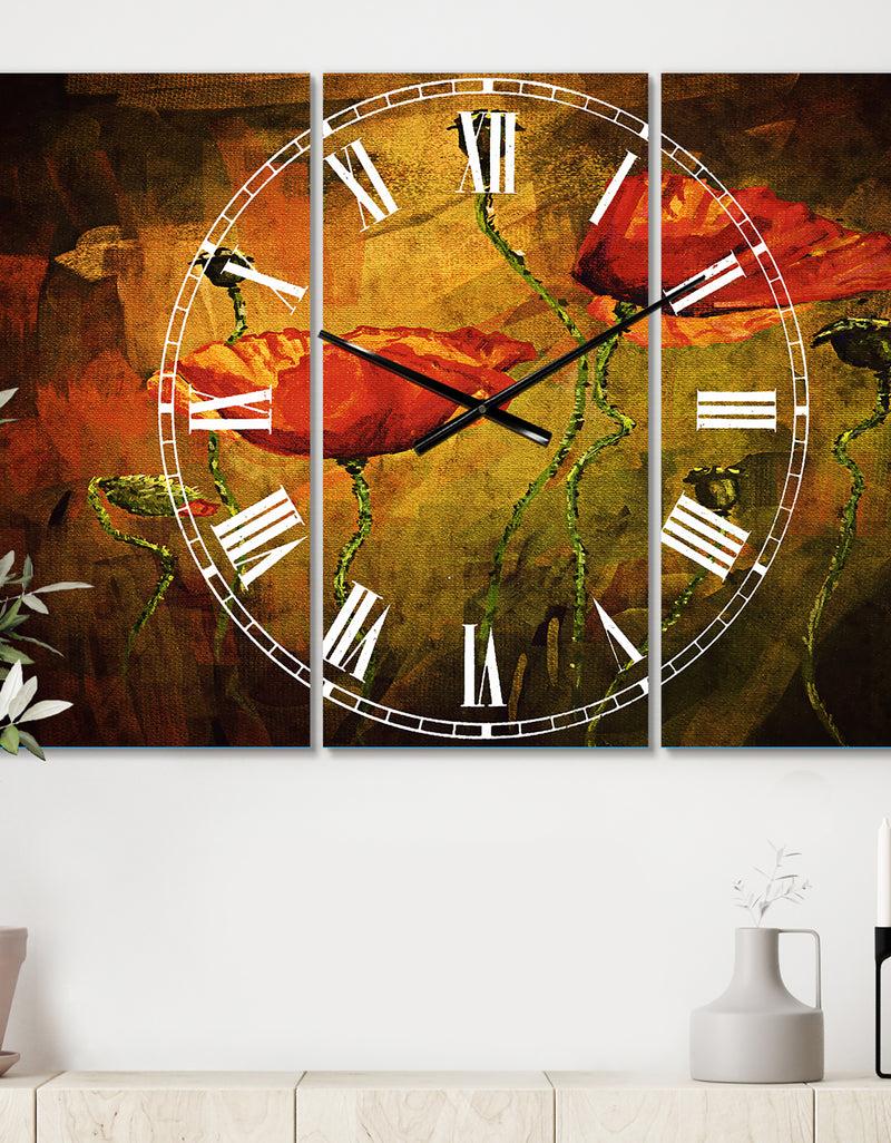 designq Watercolor Poppy Flowers - Cottage 3 Panels Large Wall CLock