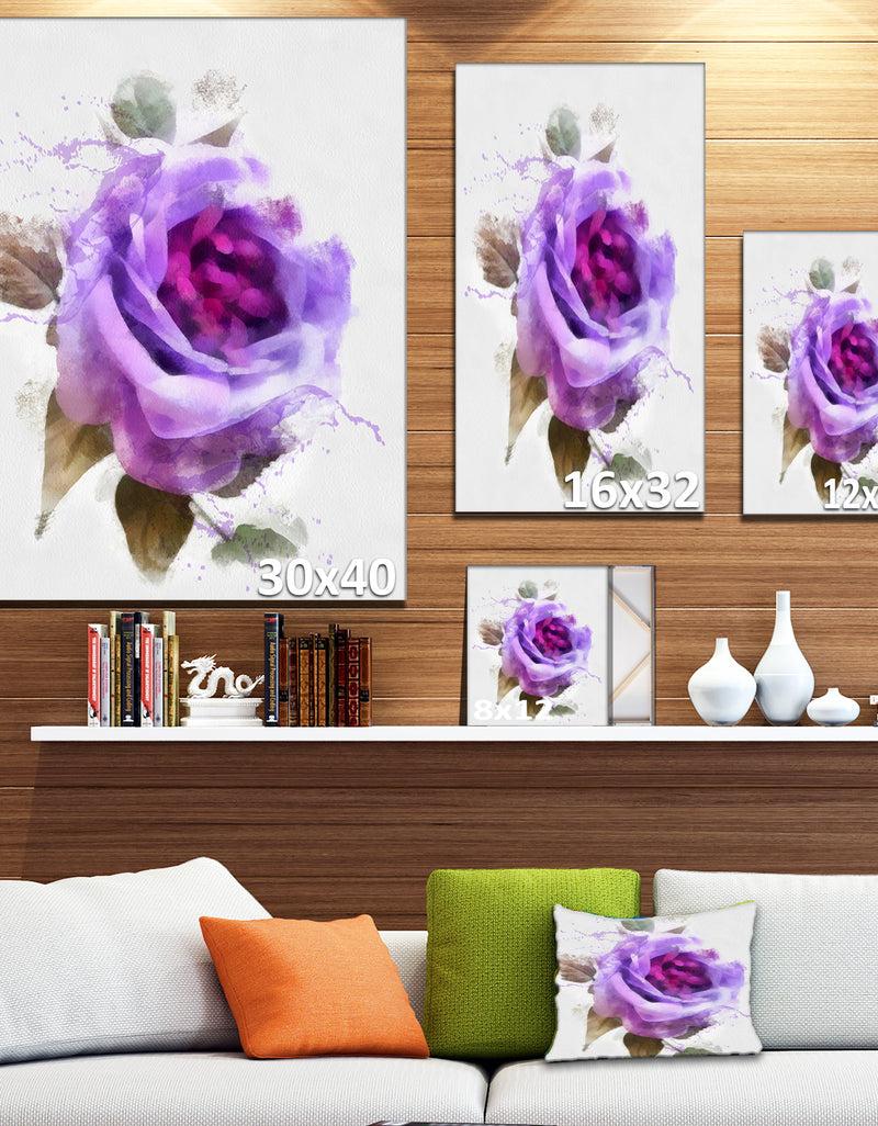 Designq Watercolor Purple Rose With Leaves - Floral Canvas Artwork Print