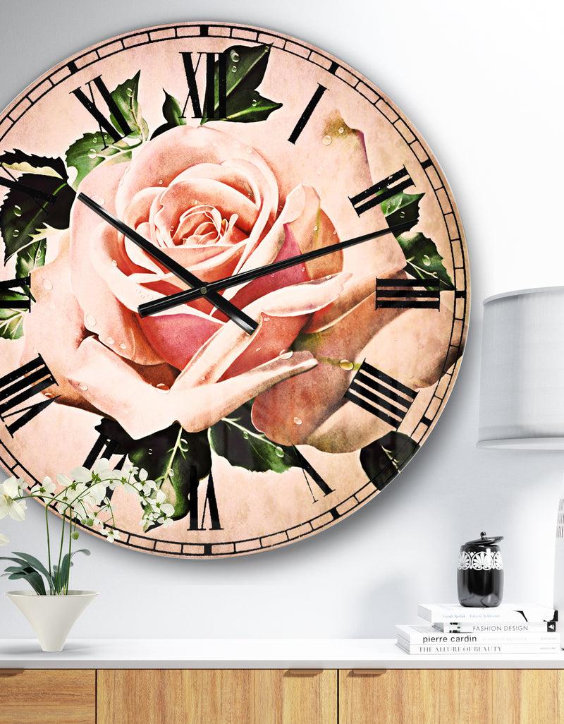 designq Watercolor Rose with Green Leaves - Floral Wall CLock
