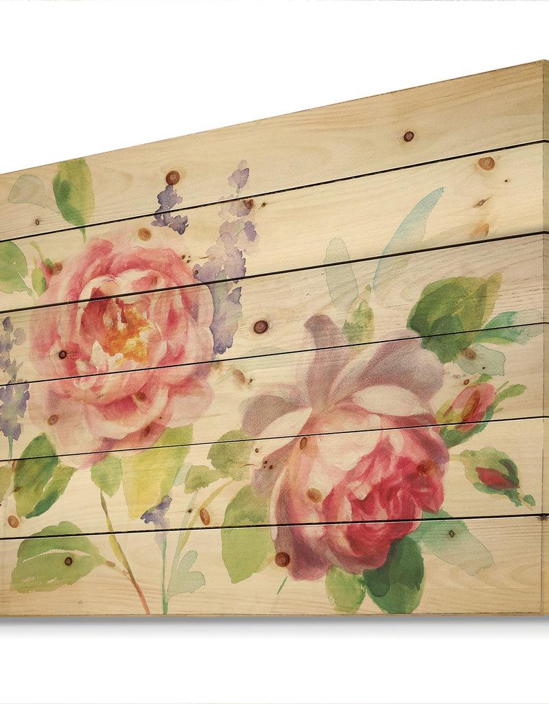 Designq Watercolor Roses Bouqet - Shabby Chic Print On Natural Pine Wood