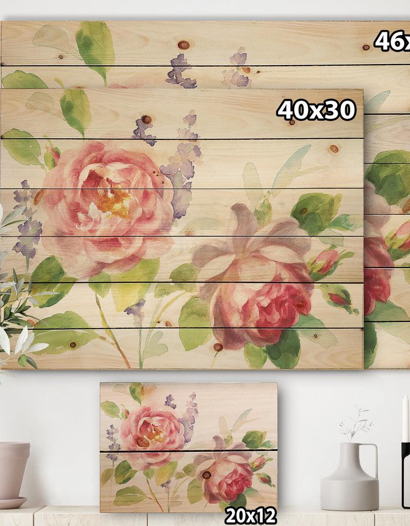 Designq Watercolor Roses Bouqet - Shabby Chic Print On Natural Pine Wood