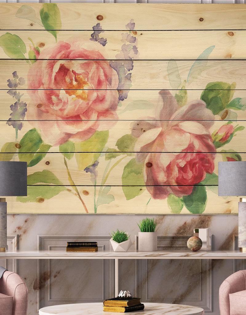 designq Watercolor Roses Bouqet - Shabby Chic Print on Natural Pine Wood