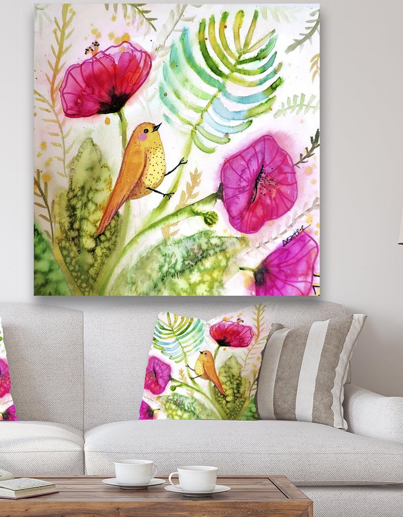 designq Watercolor Singing Bird On Purple Flowers - Cottage Gallery-wrapped Canvas