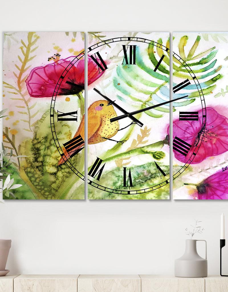 designq Watercolor Singing Bird On Purple Flowers - Large Cottage Wall Clock - 3 Panels