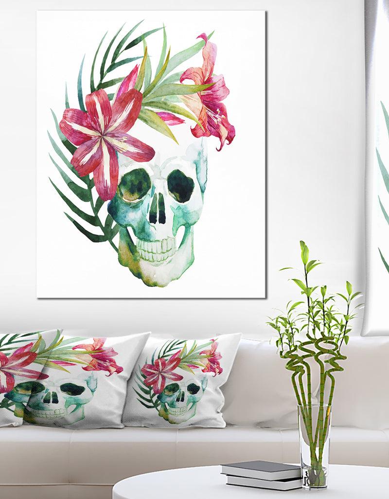designq Watercolor Skull with Flowers - Floral Canvas Art Print