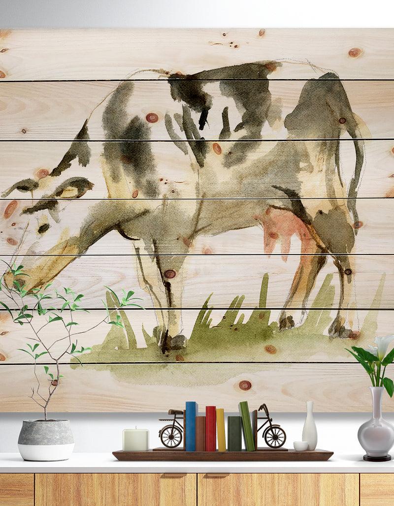 designq Watercolor spotted cow - Farmhouse Sketch Painting Print on Natural Pine Wood