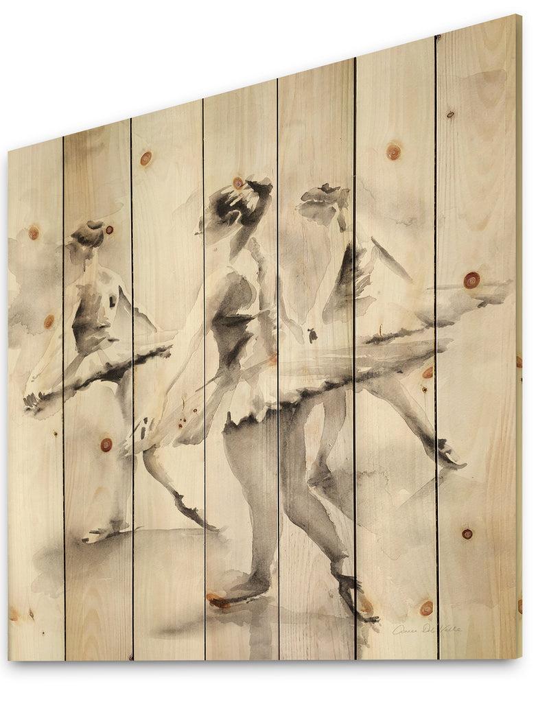 Designq Watercolors Ballerinas Dance I - French Country Print On Natural Pine Wood