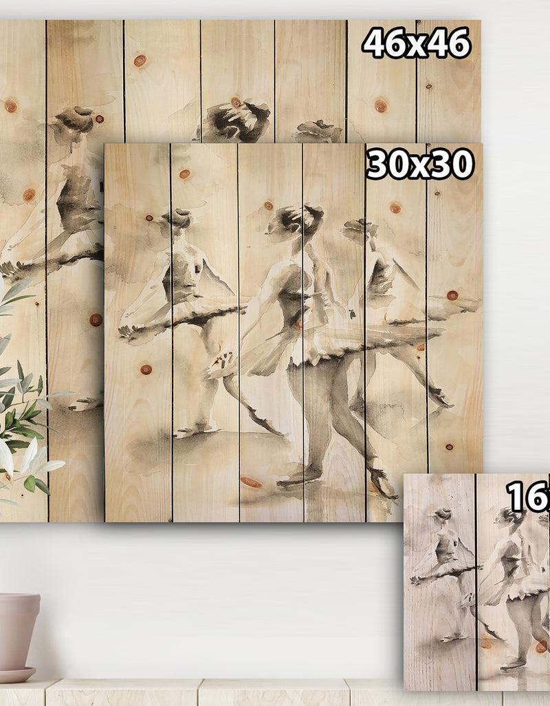 Designq Watercolors Ballerinas Dance I - French Country Print On Natural Pine Wood