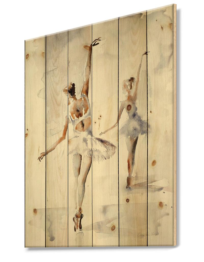 Designq Watercolors Ballerinas Dance II - French Country Print On Natural Pine Wood