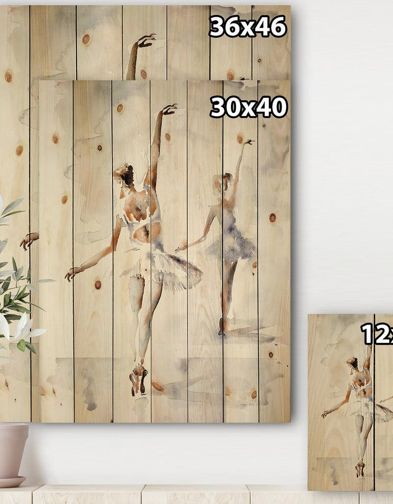 Designq Watercolors Ballerinas Dance II - French Country Print On Natural Pine Wood
