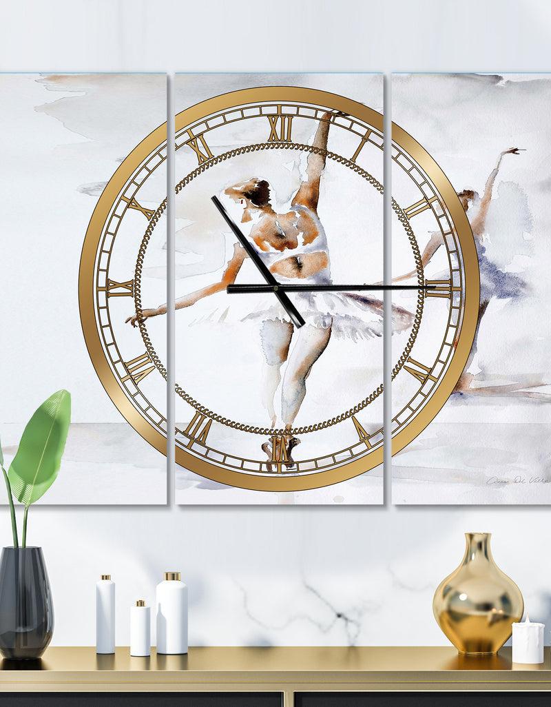 designq watercolors Ballerinas Dance II - Glam 3 Panels Oversized Wall CLock