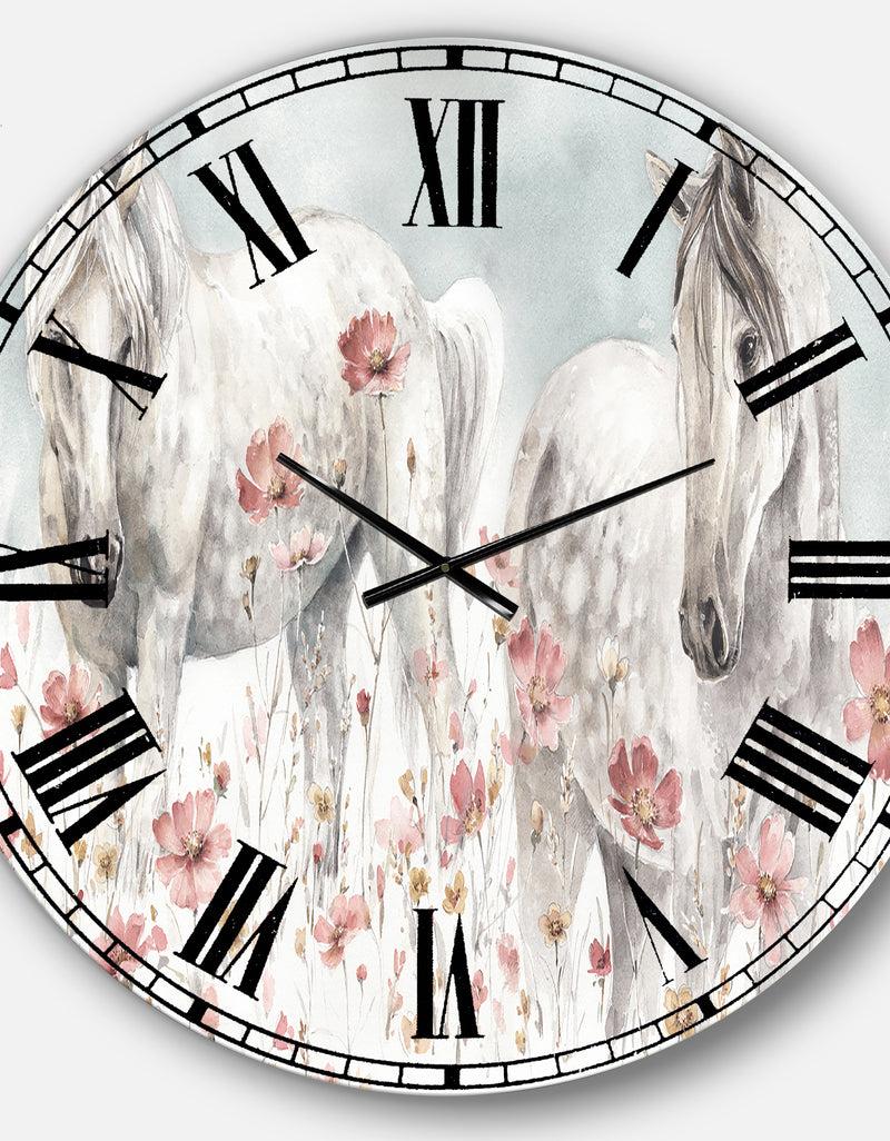 Designq Watercolors Pink Wild Horses - Farmhouse Large Wall CLock