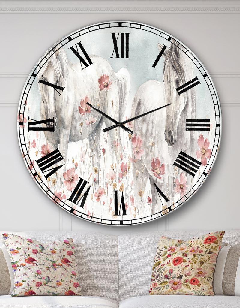 designq watercolors Pink Wild Horses - Farmhouse Large Wall CLock