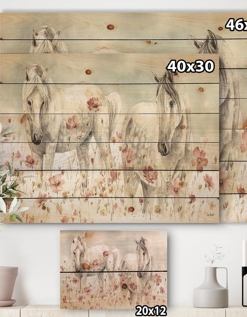 Designq Watercolors Pink Wild Horses - Farmhouse Print On Natural Pine Wood