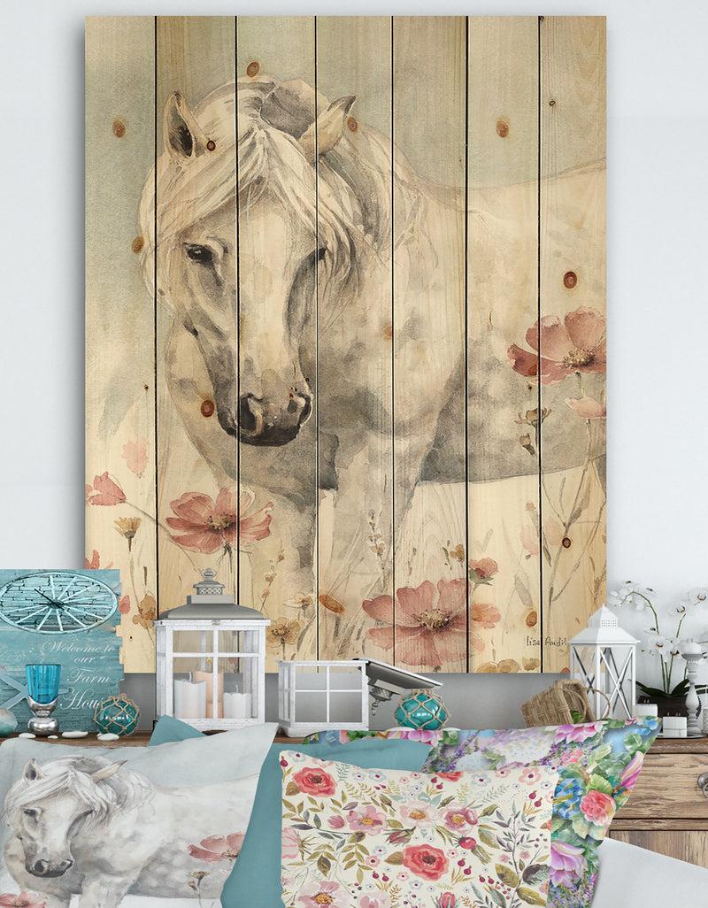 designq watercolors Pink Wild Horses I - Farmhouse Print on Natural Pine Wood