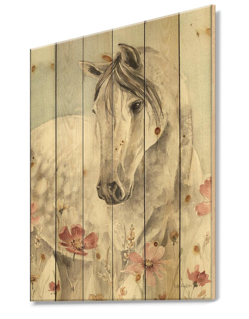 Designq Watercolors Pink Wild Horses II - Farmhouse Print On Natural Pine Wood