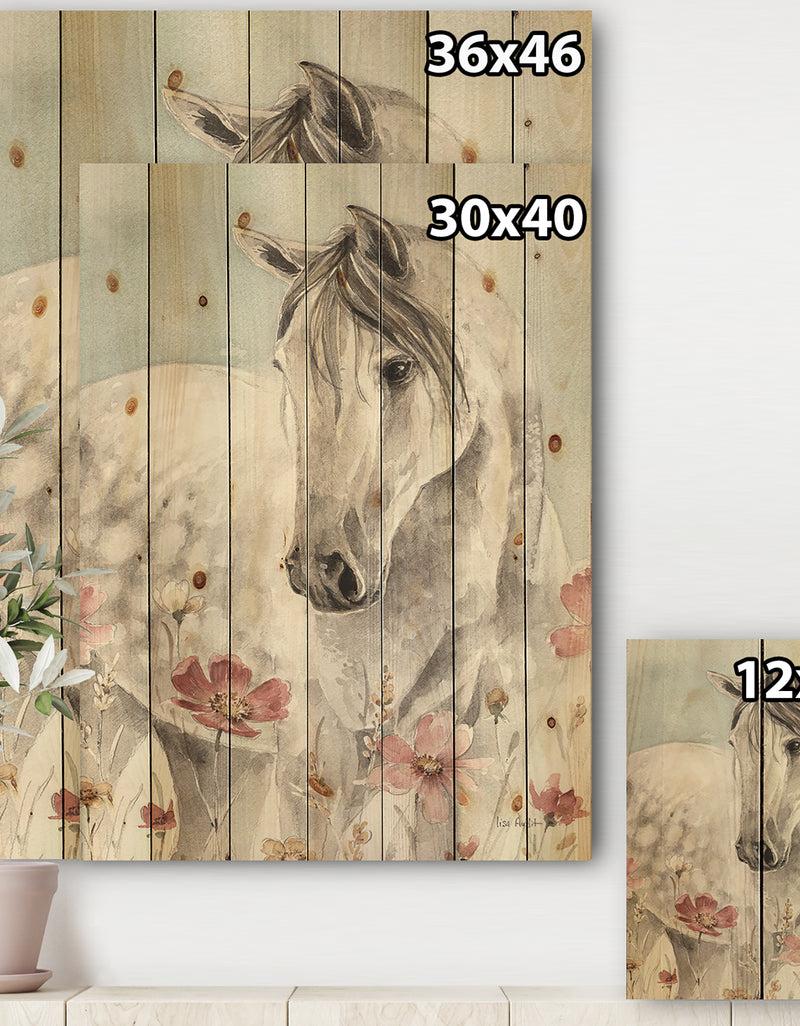 Designq Watercolors Pink Wild Horses II - Farmhouse Print On Natural Pine Wood